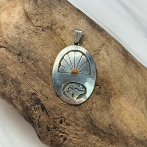 Thomas‎ Carusetta Native American Sterling Coral Bear Sun Pendant 12.1g